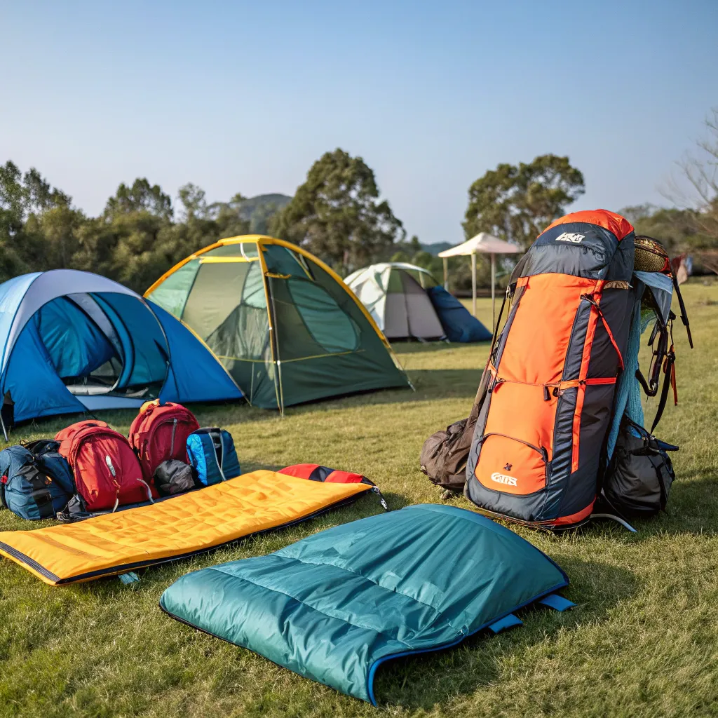 A variety of camping gear including tents, backpacks, and sleeping bags